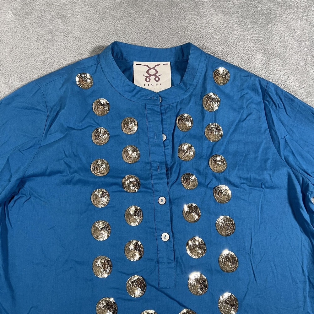 Figue Tunic Shirt Womens Small Blue Sequin Embellished India Boho Top Festival